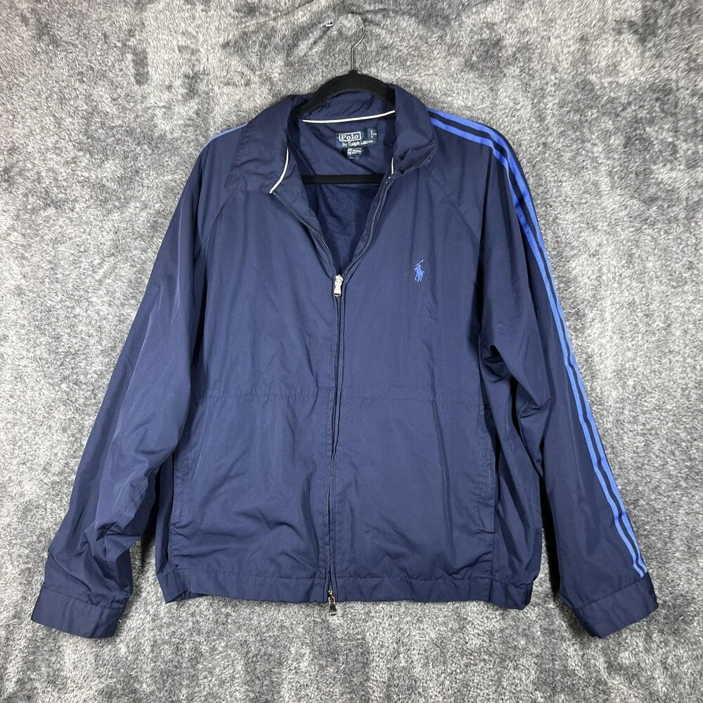 Polo Ralph Lauren Track Jacket Mens Large Blue Striped Full Zip Lightweight